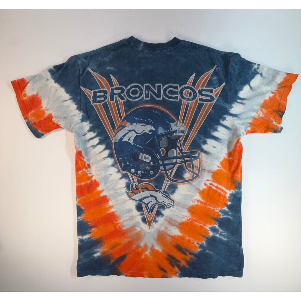 Majestic Denver Broncos Tie Dye T-Shirt Mens Navy Blue Orange Graphic Tee